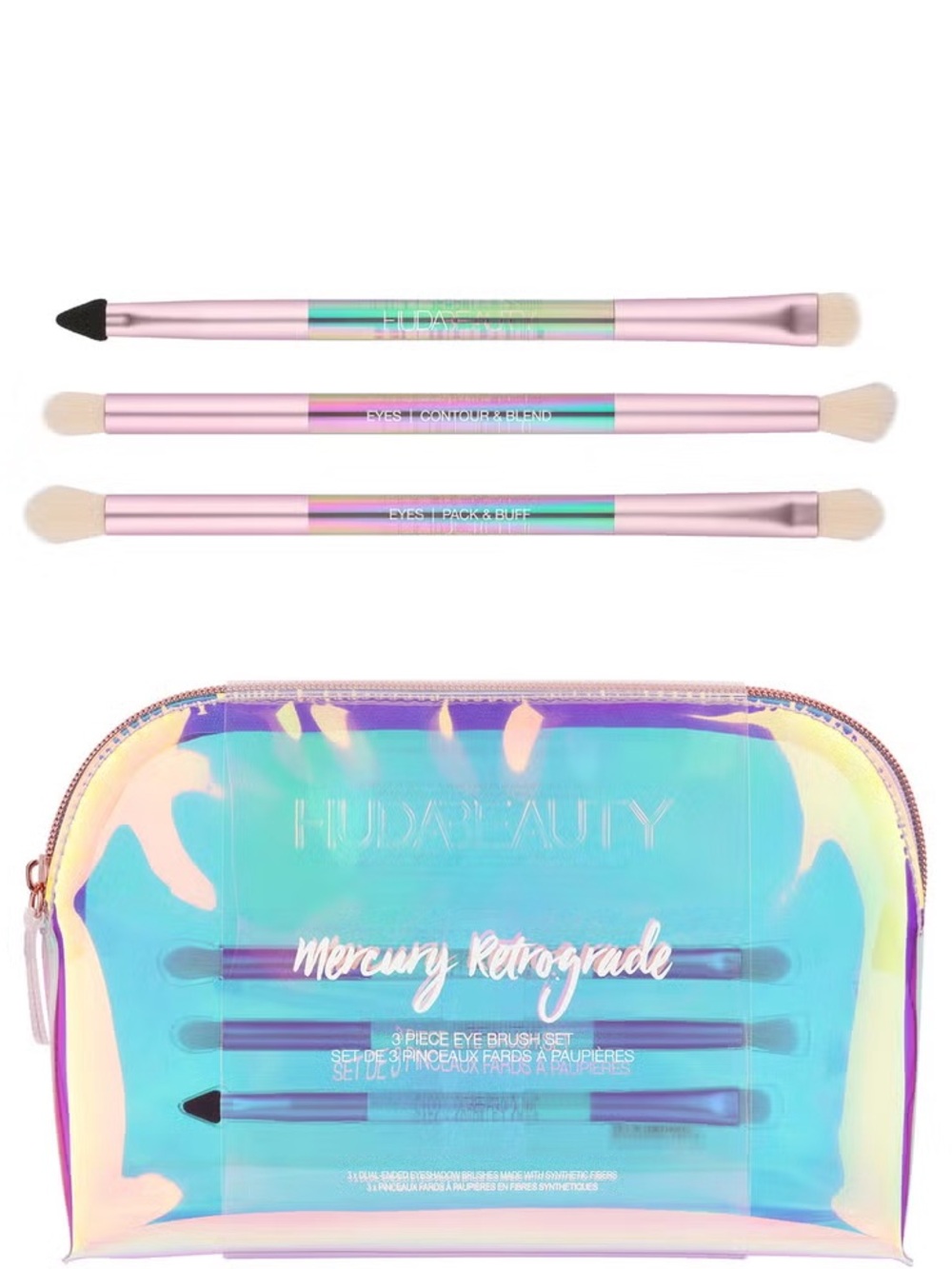 HUDA BEAUTY Mercury Retrograde Holographic 3-Piece Eye Brush Set with Pouch